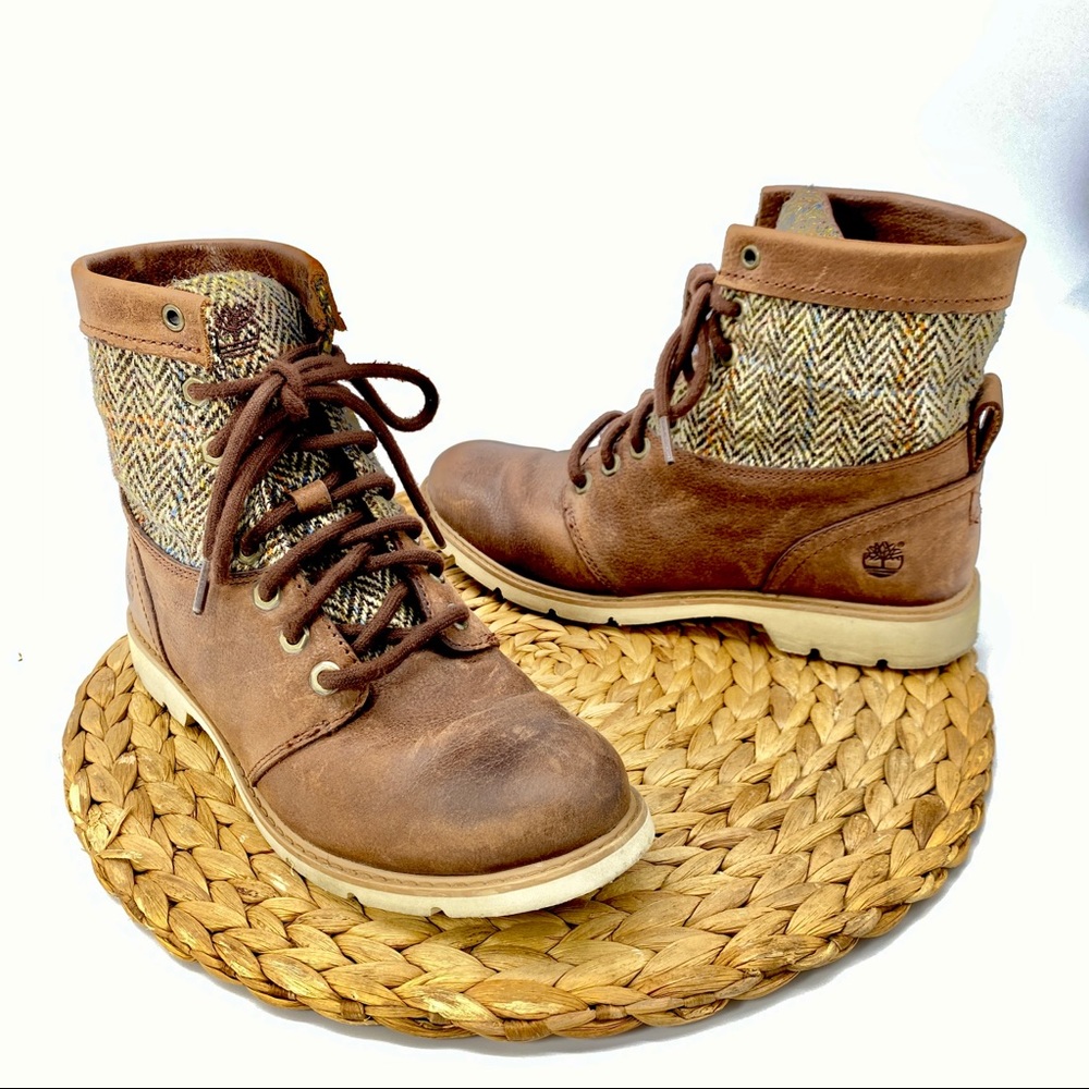 TIMBERLAND BROWN LEATHER HERITAGE LACE UP HERRINGBONE COMBAT COMFORT BOOTS 7